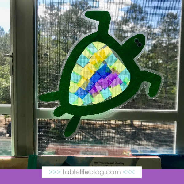 Nature Book Club: Sea Turtle Suncatcher Craft - Finished project on window